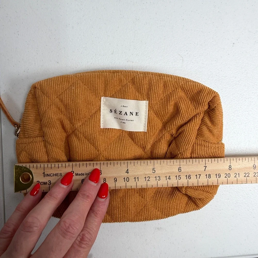 Sezane OS Pouch Quilted Corduroy Toiletry Bag Camel Brown Patchwork Lining Boho